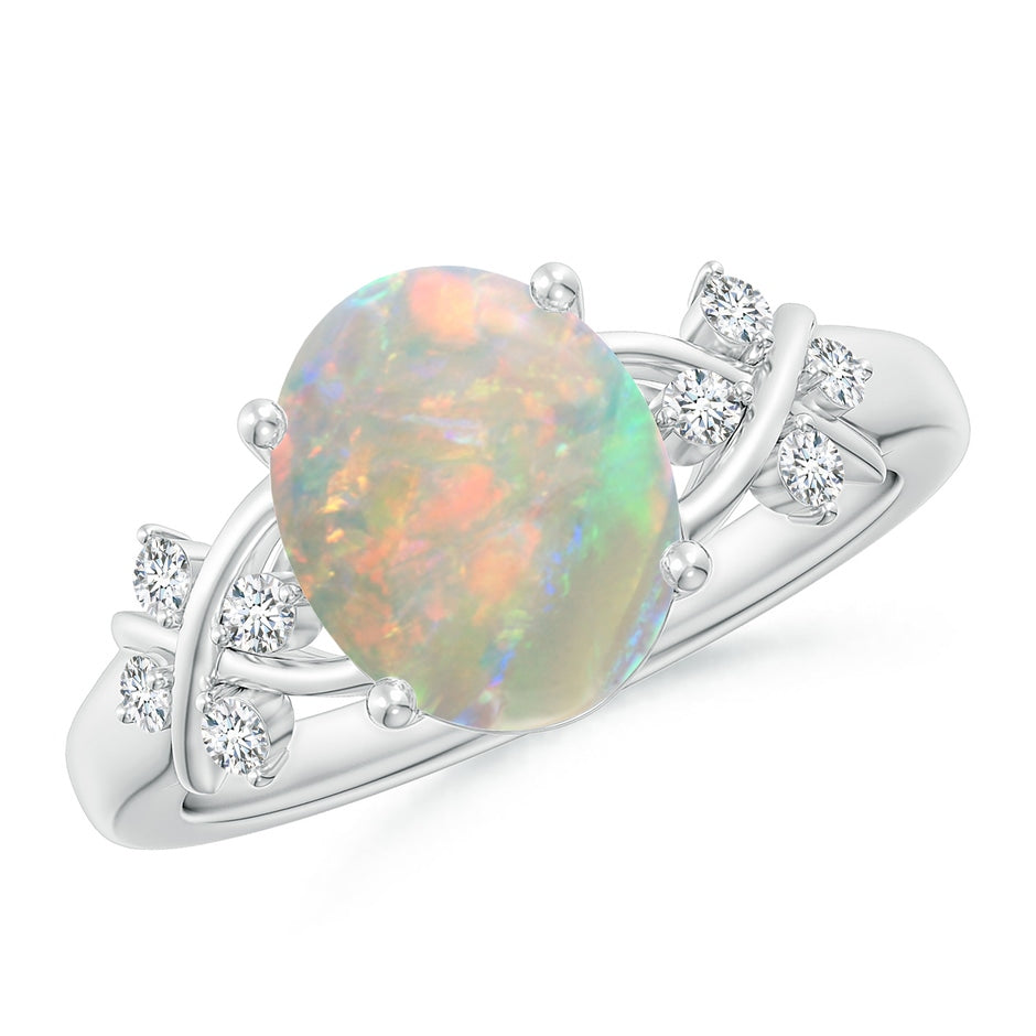 Solitaire Oval Opal Criss Cross Ring with Diamonds