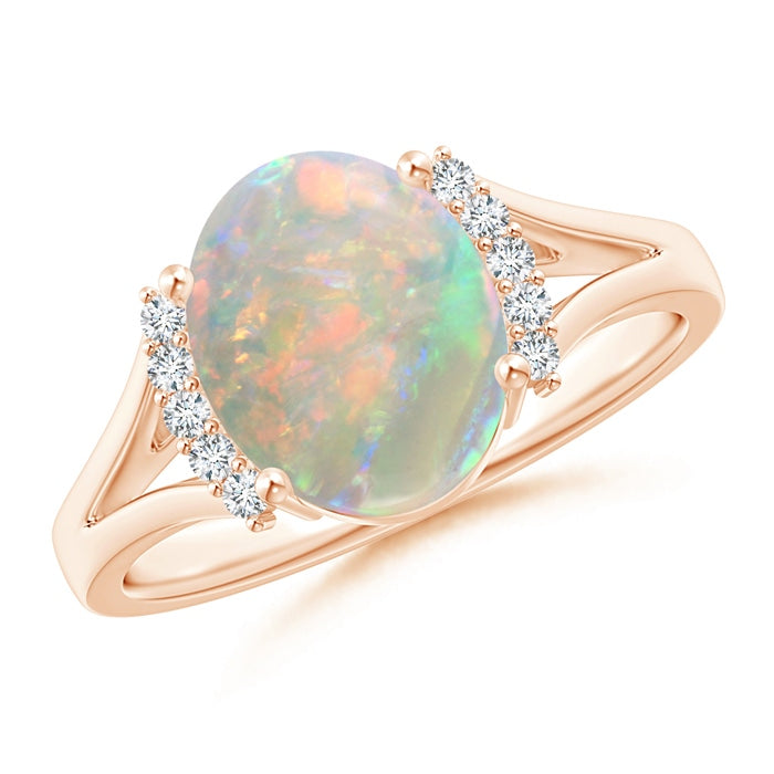 Oval Opal Split Shank Ring with Diamond Collar