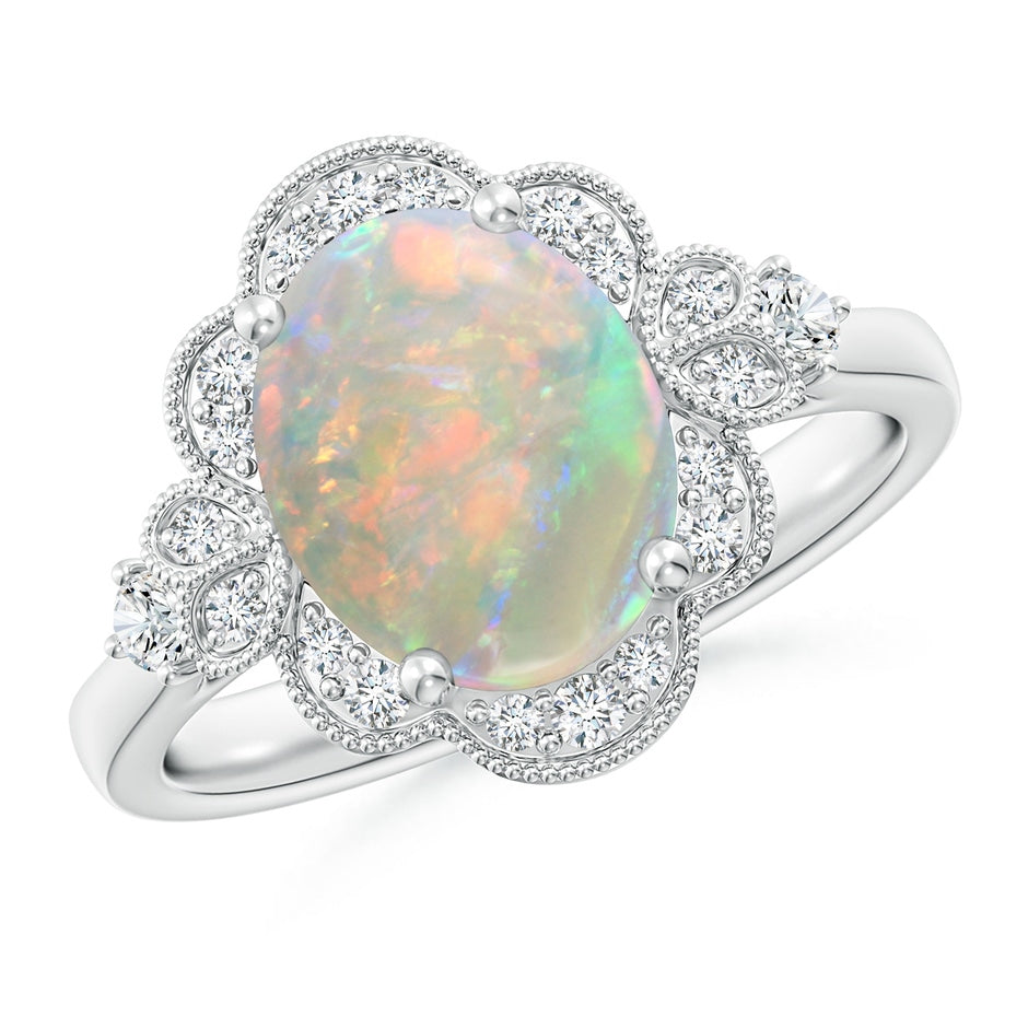 Victorian Style Oval Opal and Diamond Halo Engagement Ring
