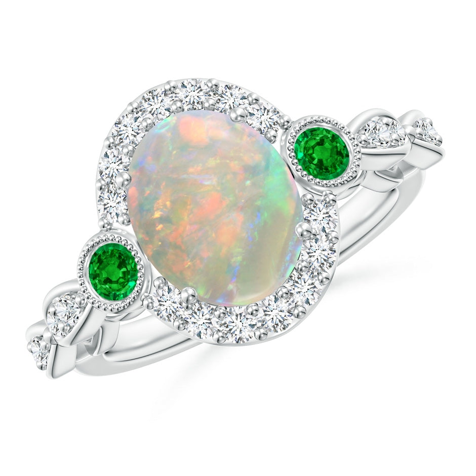 Vintage Oval Opal and Diamond Halo Ring with Bezel Emerald
