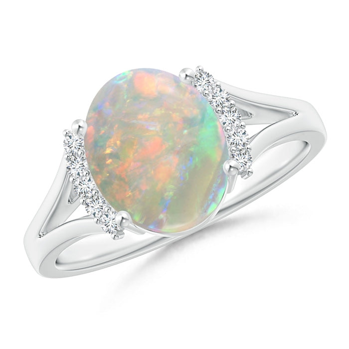 Oval Opal Split Shank Ring with Diamond Collar
