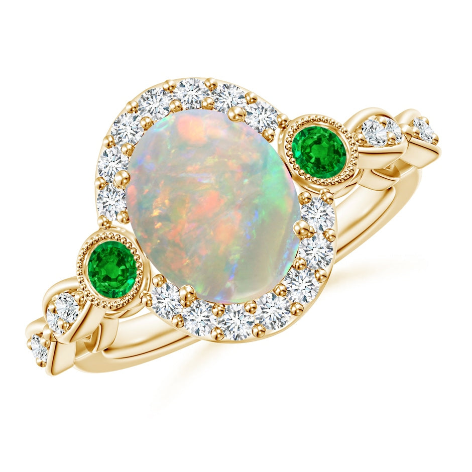 Vintage Oval Opal and Diamond Halo Ring with Bezel Emerald