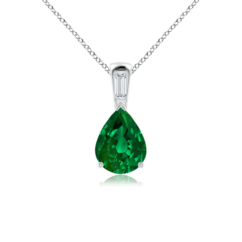 Pear Lab-Grown Emerald Pendant with Baguette Diamond