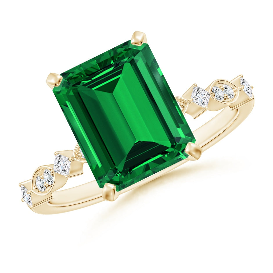 Prong-Set Emerald-Cut Lab-Grown Emerald Engagement Ring with Marquise Motifs