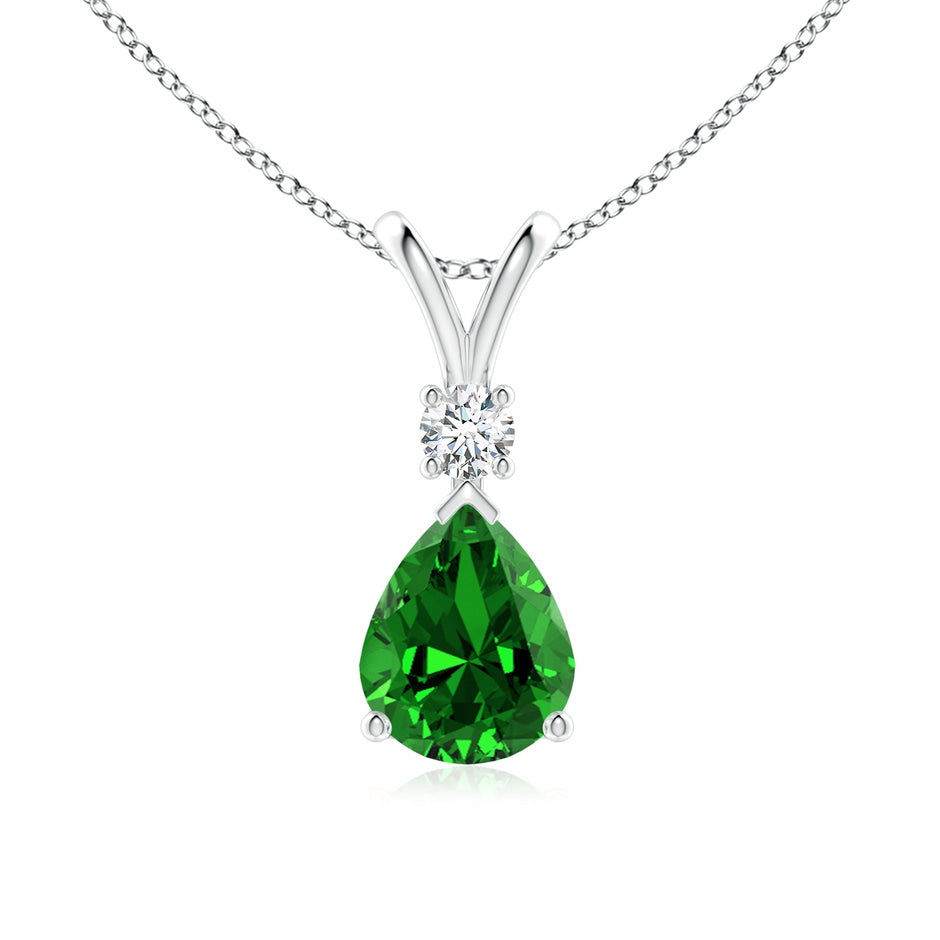 Prong-Set Lab-Grown Emerald Teardrop V-Bale Pendant with Diamond