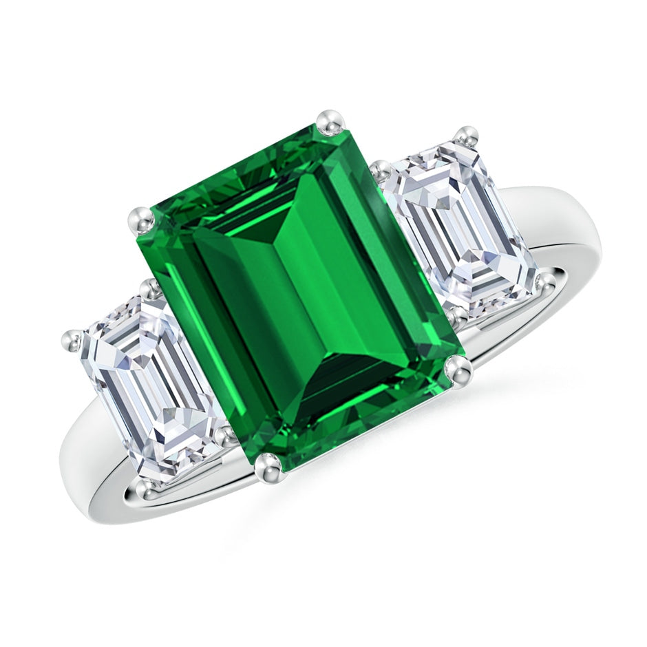 Lab-Grown Emerald-Cut Emerald and Lab Diamond Three Stone Ring