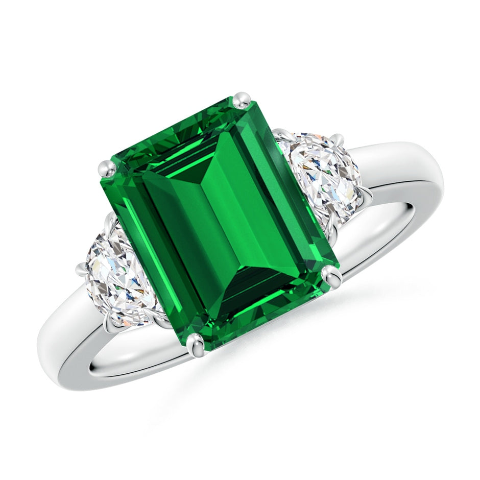 Lab-Grown Emerald-Cut Emerald and Half Moon Lab Diamond Three Stone Ring