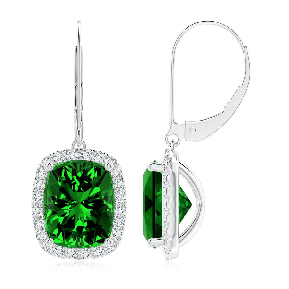 Lab-Grown Cushion Emerald Leverback Earrings with Lab Diamond Halo