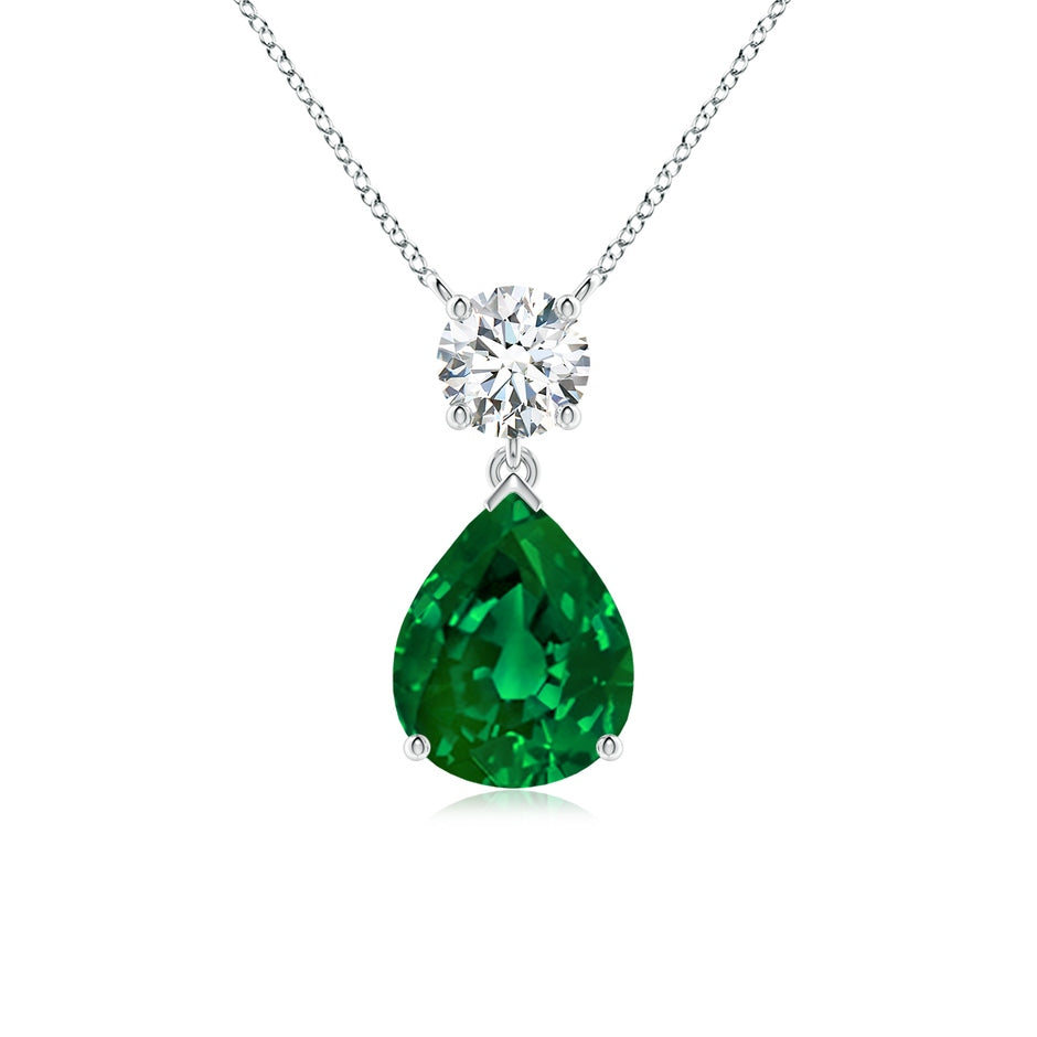 Lab-Grown Solitaire Pear Emerald Drop Pendant with Lab Diamond Accent