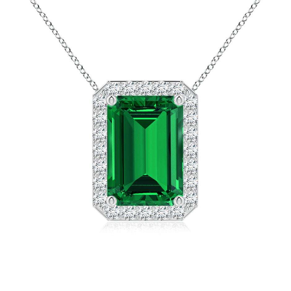 Vintage Inspired Emerald-Cut Lab-Grown Emerald Halo Pendant