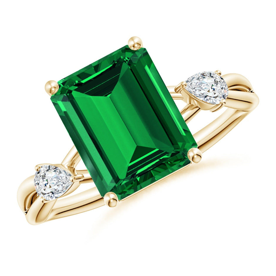 Lab-Grown Nature Inspired Emerald-Cut Emerald Side Stone Engagement Ring