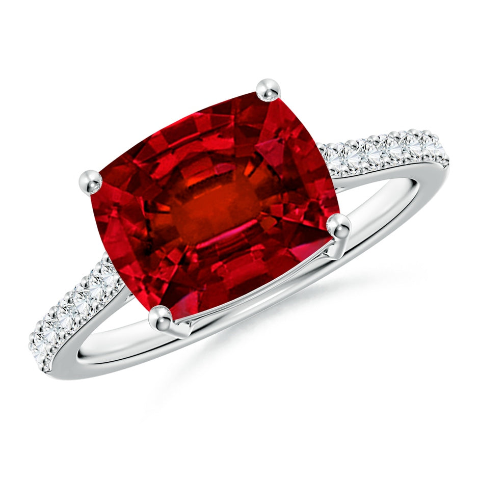 Lab-Grown East-West Cushion Rectangular Ruby Cathedral Engagement Ring
