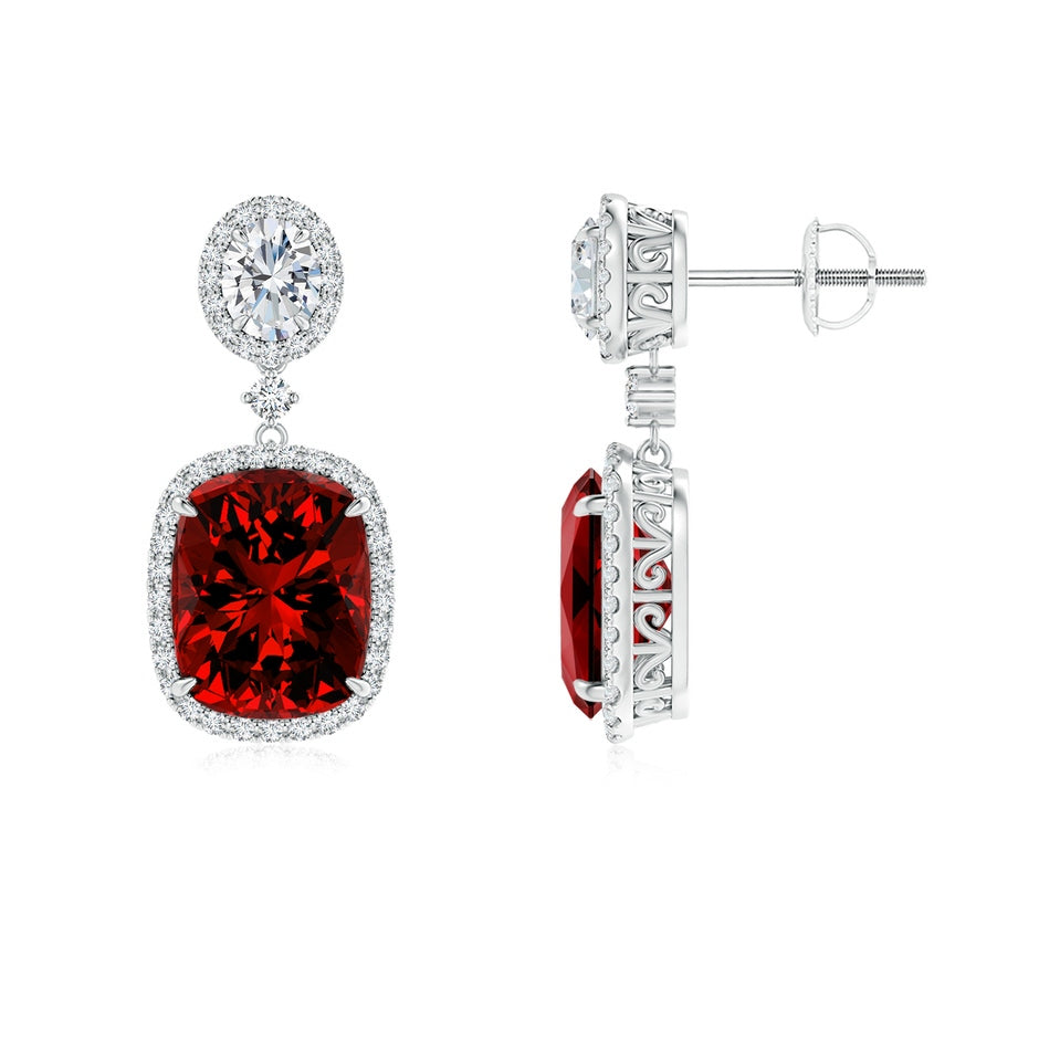 Lab-Grown Two Tier Claw-Set Ruby Dangle Earrings with Lab Diamond Halo
