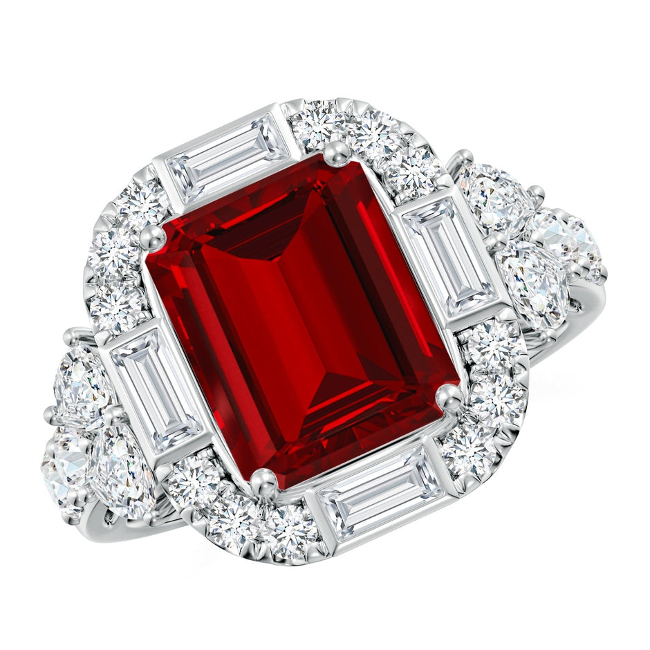Emerald-Cut Lab-Grown Ruby Unique Halo Engagement Ring with Accents