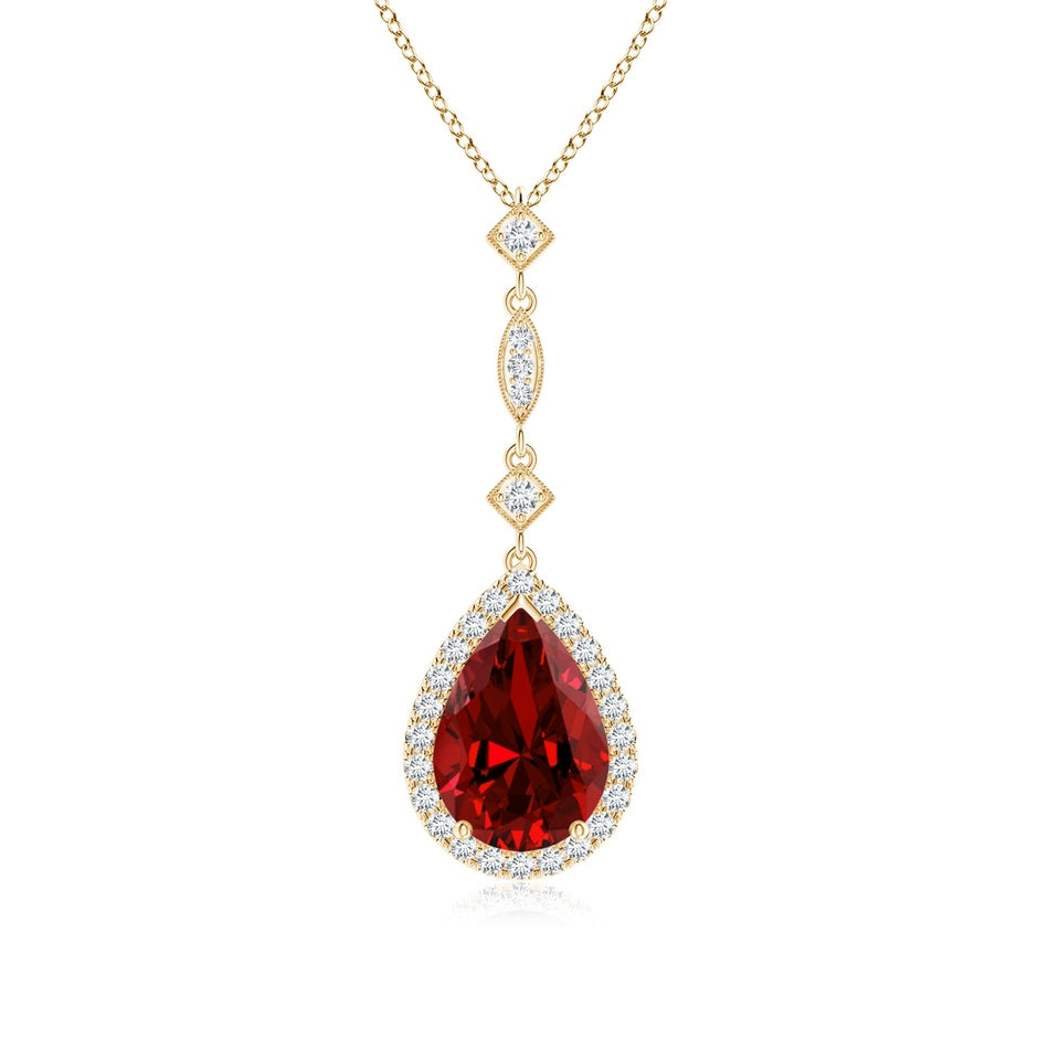 Prong-Set Lab-Grown Ruby Teardrop Halo Pendant with Diamond Accents