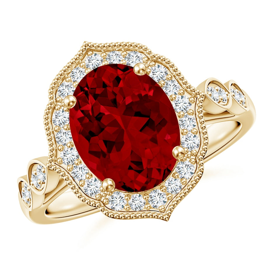 Lab-Grown Vintage Inspired Oval Ruby Ornate Halo Engagement Ring
