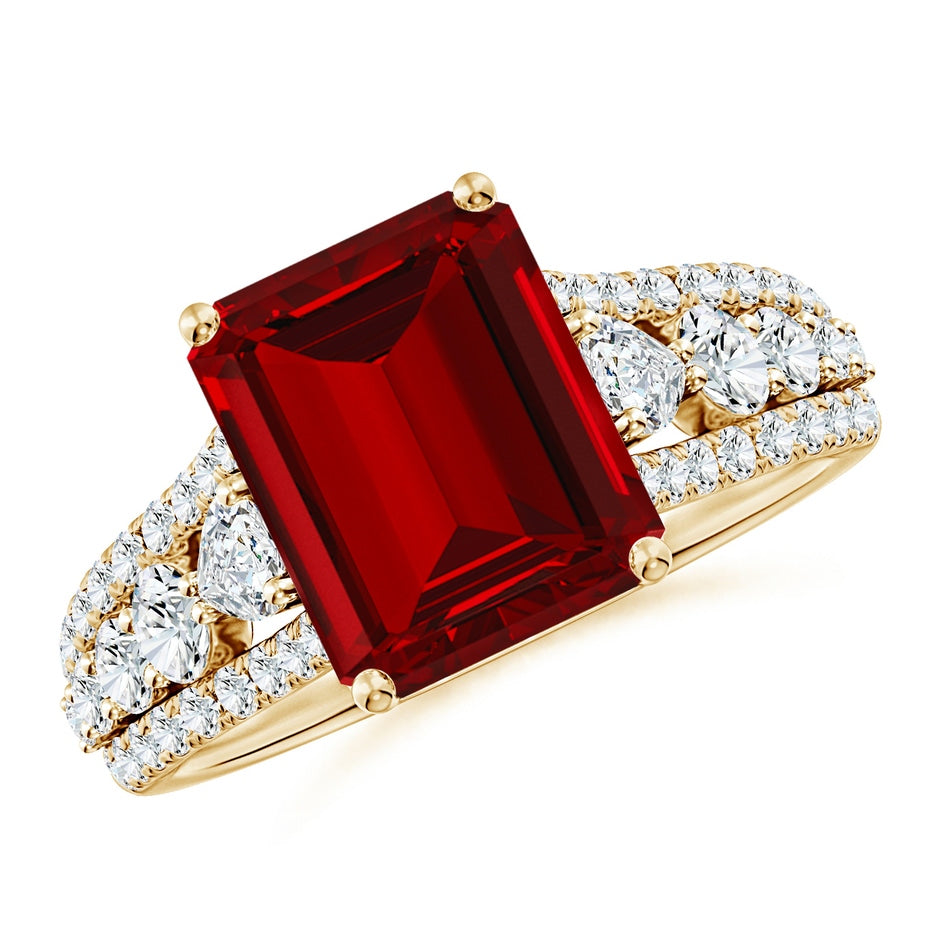 Classic Emerald-Cut Lab-Grown Ruby Split Shank Engagement Ring with Accents