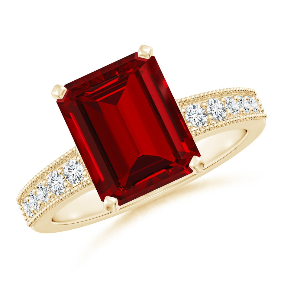 Lab-Grown Vintage Style Emerald-Cut Ruby Engagement Ring with Accents