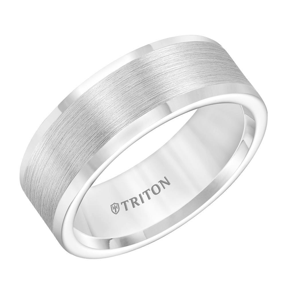 ABRAMS Flat White Tungsten Wedding Band with Brushed Center by Triton Rings - 8mm