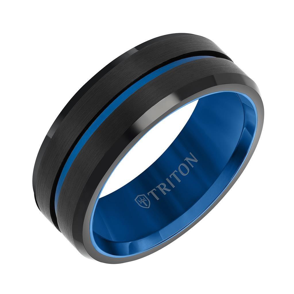 8mm Blue and Black Tungsten Carbide Comfort Fit Ring – Satin Center with Blue Center Line