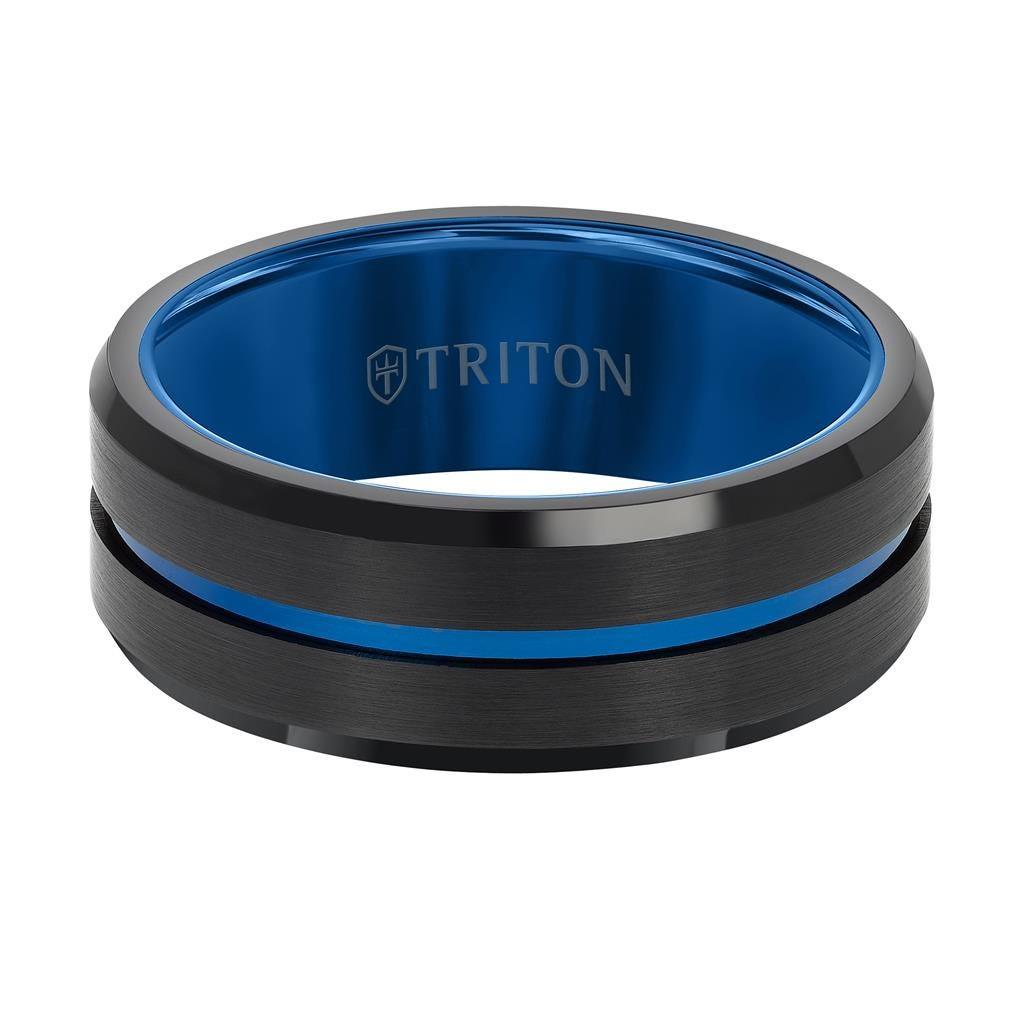 8mm Blue and Black Tungsten Carbide Comfort Fit Ring – Satin Center with Blue Center Line