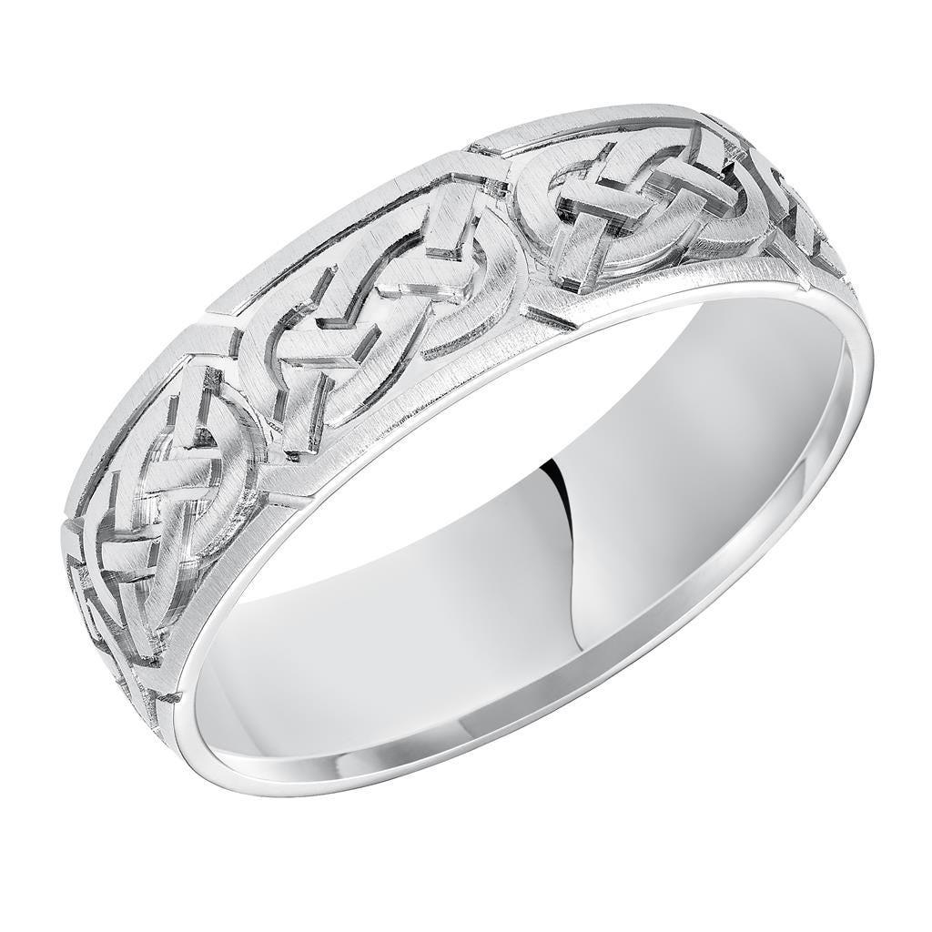 14k White Gold Engraved Celtic Knot Pattern Men’s Wedding Band With Satin Finish - 6.5mm - 8.5mm