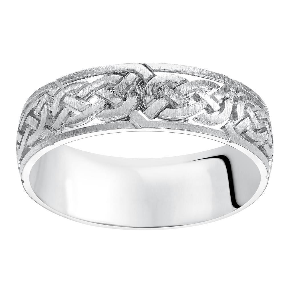 14k White Gold Engraved Celtic Knot Pattern Men’s Wedding Band With Satin Finish - 6.5mm - 8.5mm
