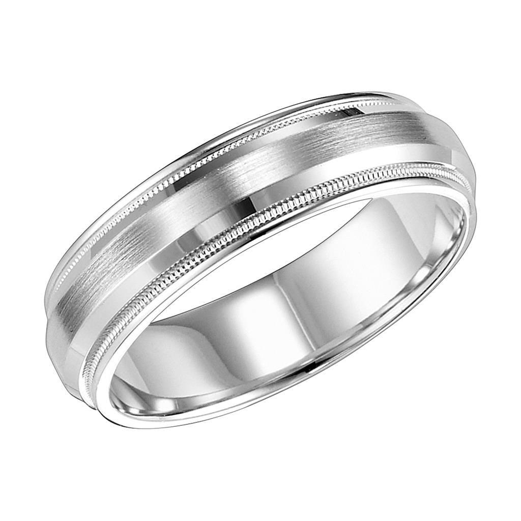 14k White Gold Brushed Raised Center Men's Wedding Ring with Milgrain Accents - 6mm - 8mm