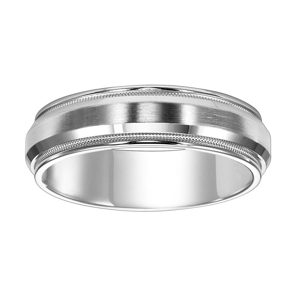 14k White Gold Brushed Raised Center Men's Wedding Ring with Milgrain Accents - 6mm - 8mm
