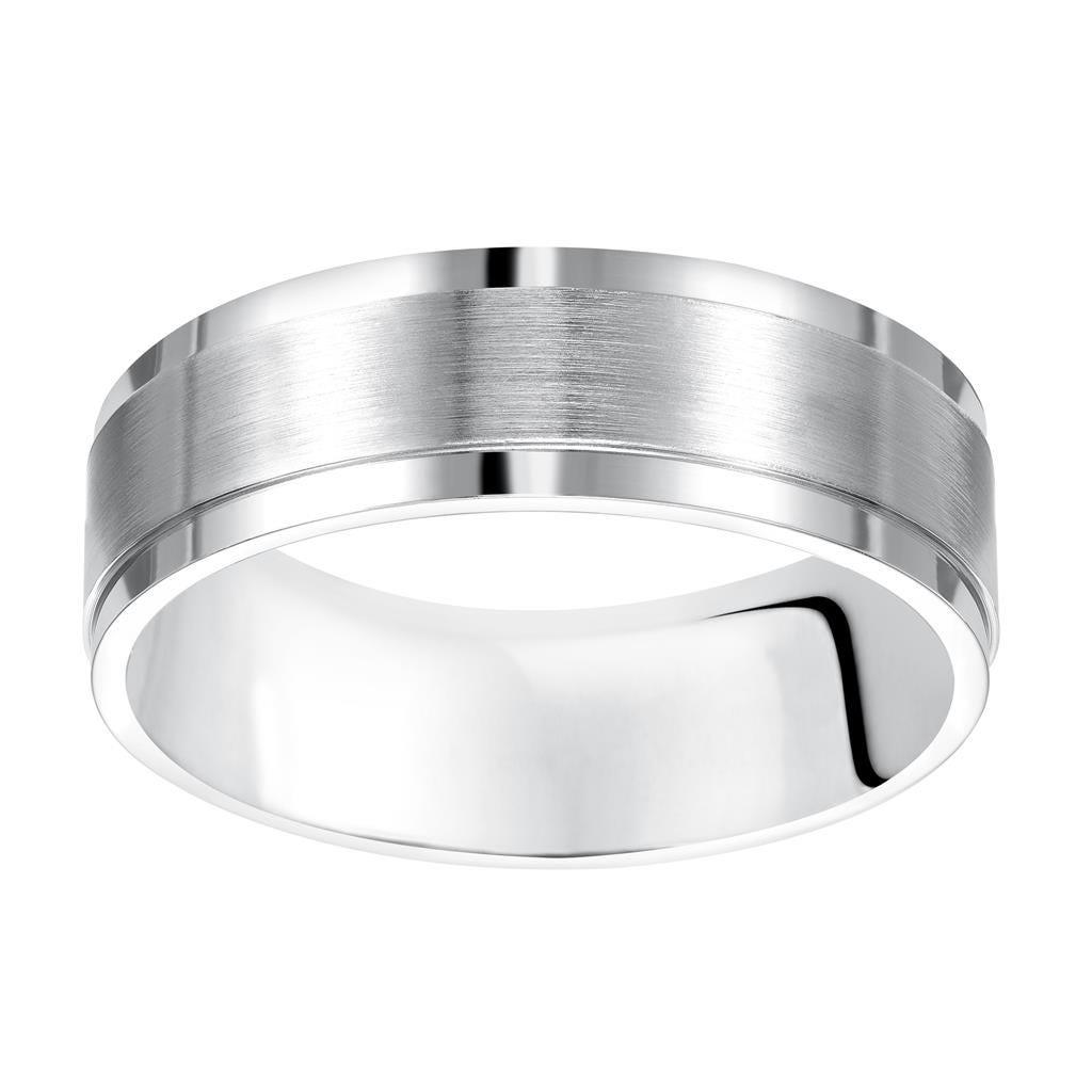 14k White Gold Brushed Center Men’s Wedding Band with Polished Step Edges - 7mm