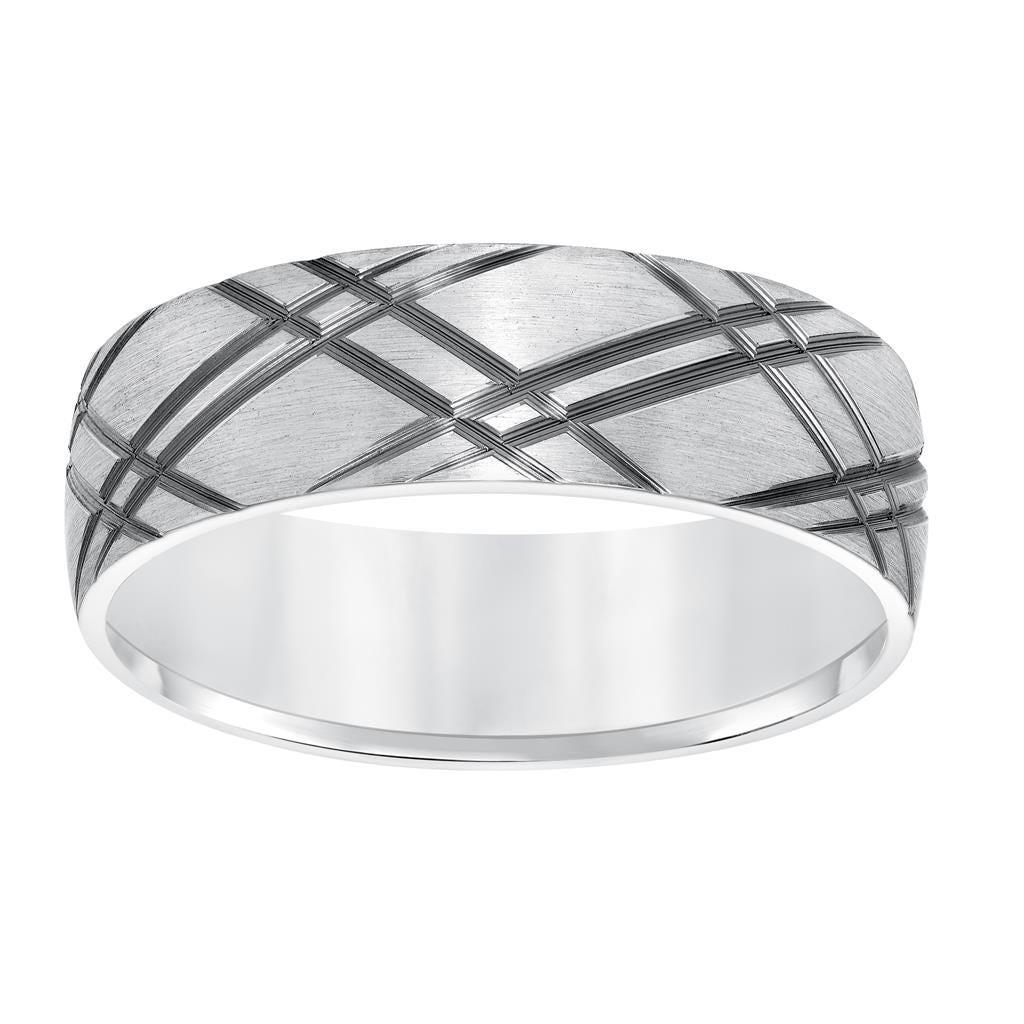 14k White Gold Brushed Finish Mens Wedding Band with Polished Criss Cross Grooves - 6.5mm