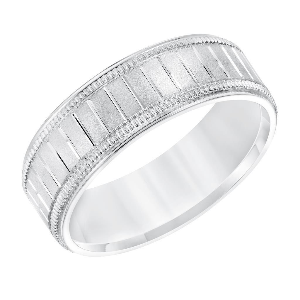 14k White Gold Men’s Milgrain Wedding Band with Polished Horizontal Grooves - 7mm