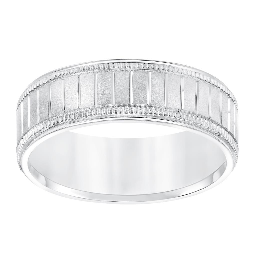 14k White Gold Men’s Milgrain Wedding Band with Polished Horizontal Grooves - 7mm