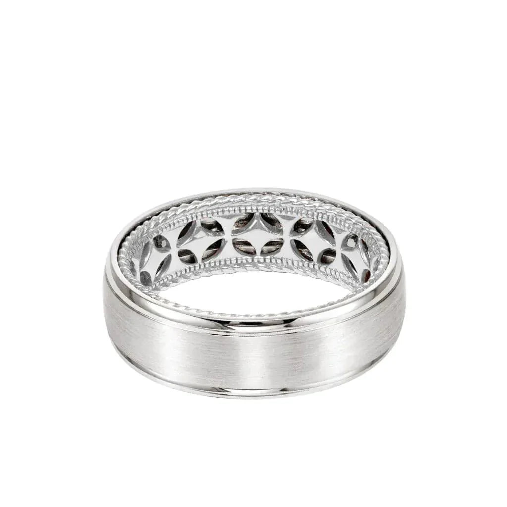 14k White Gold Wedding Band Diamond Pattern Rope Edge Inner Design Domed Brushed Finish Round Edges By Artcarved - 7mm