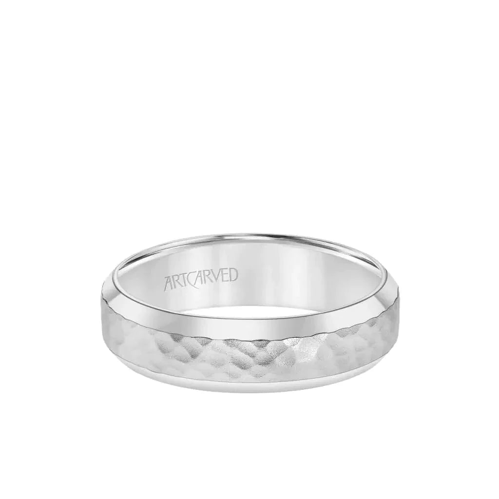 14k White Gold Wedding Band Hammered Brushed Center Finish Domed Polished Edges - 6 mm