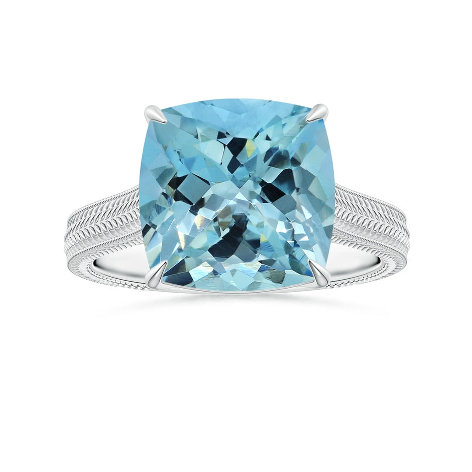 Claw-Set GIA Certified Cushion Aquamarine Solitaire Ring with Leaf Motifs