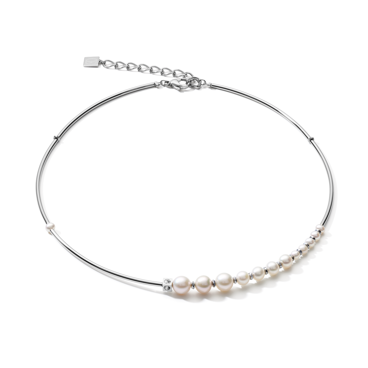 Necklace Asymmetry freshwater pearls & stainless steel white-silver