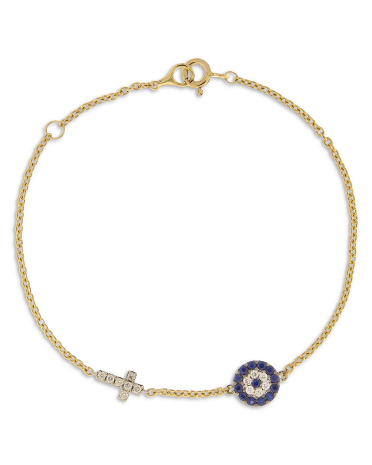 Blue Sapphire & Diamond Evil Eye & Cross Link Bracelet in 14K Yellow Gold - Exclusive