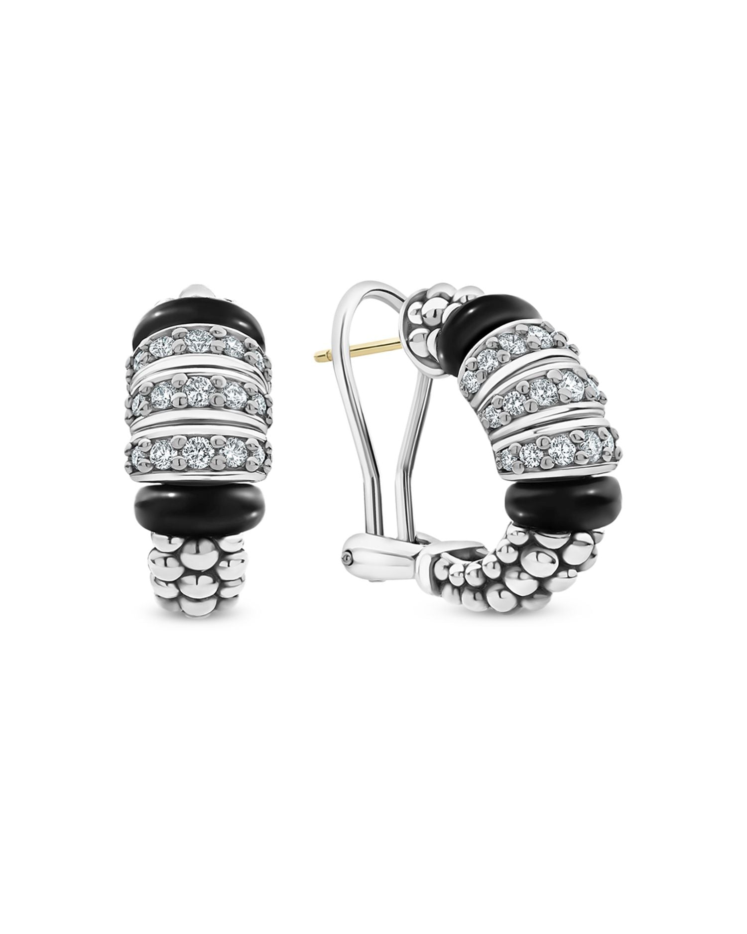 Sterling Silver Black Caviar Diamond & Black Ceramic Omega Back Earrings