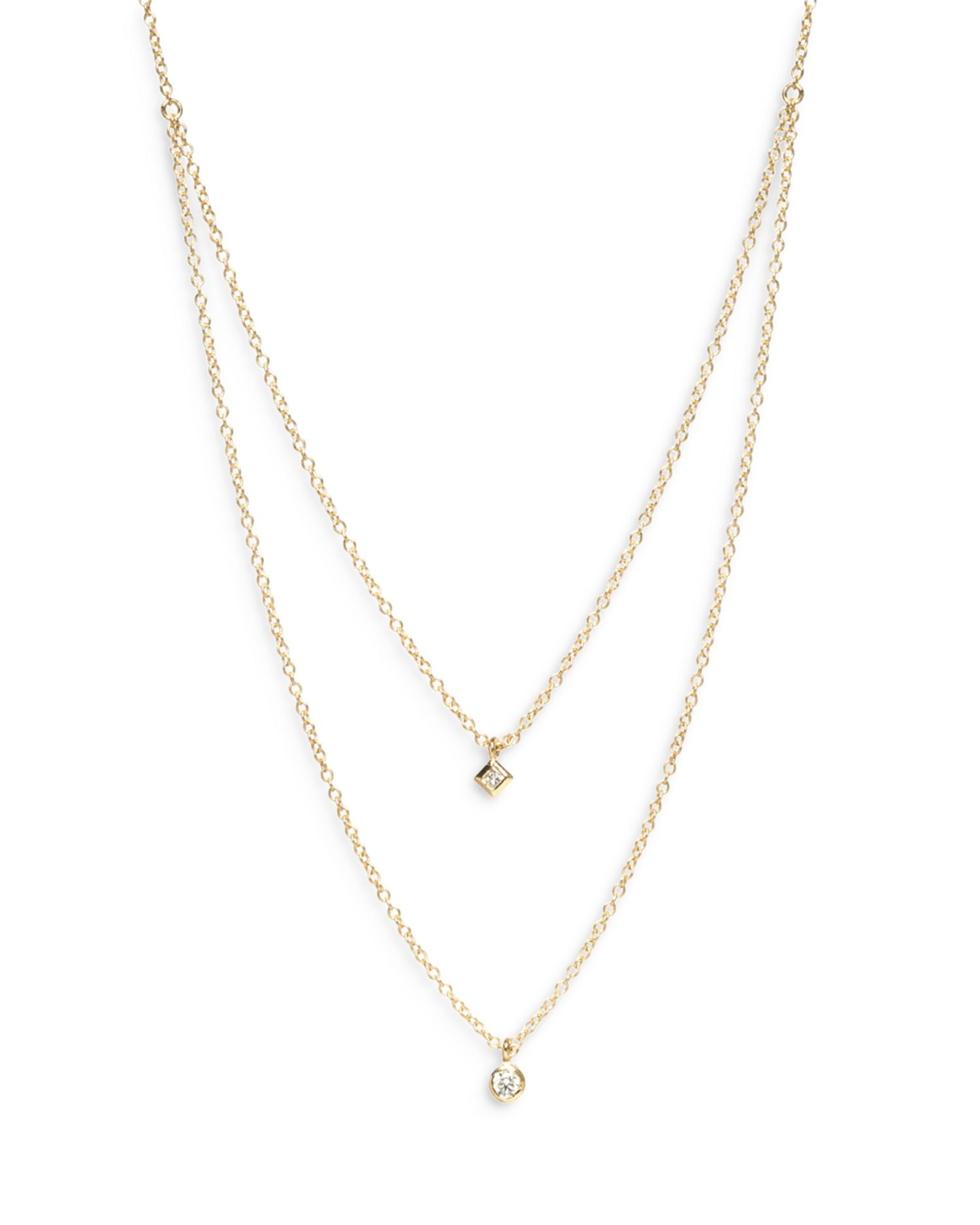 14K Yellow Gold Diamond Princess & Round Layered Pendant Necklace, 16-18'