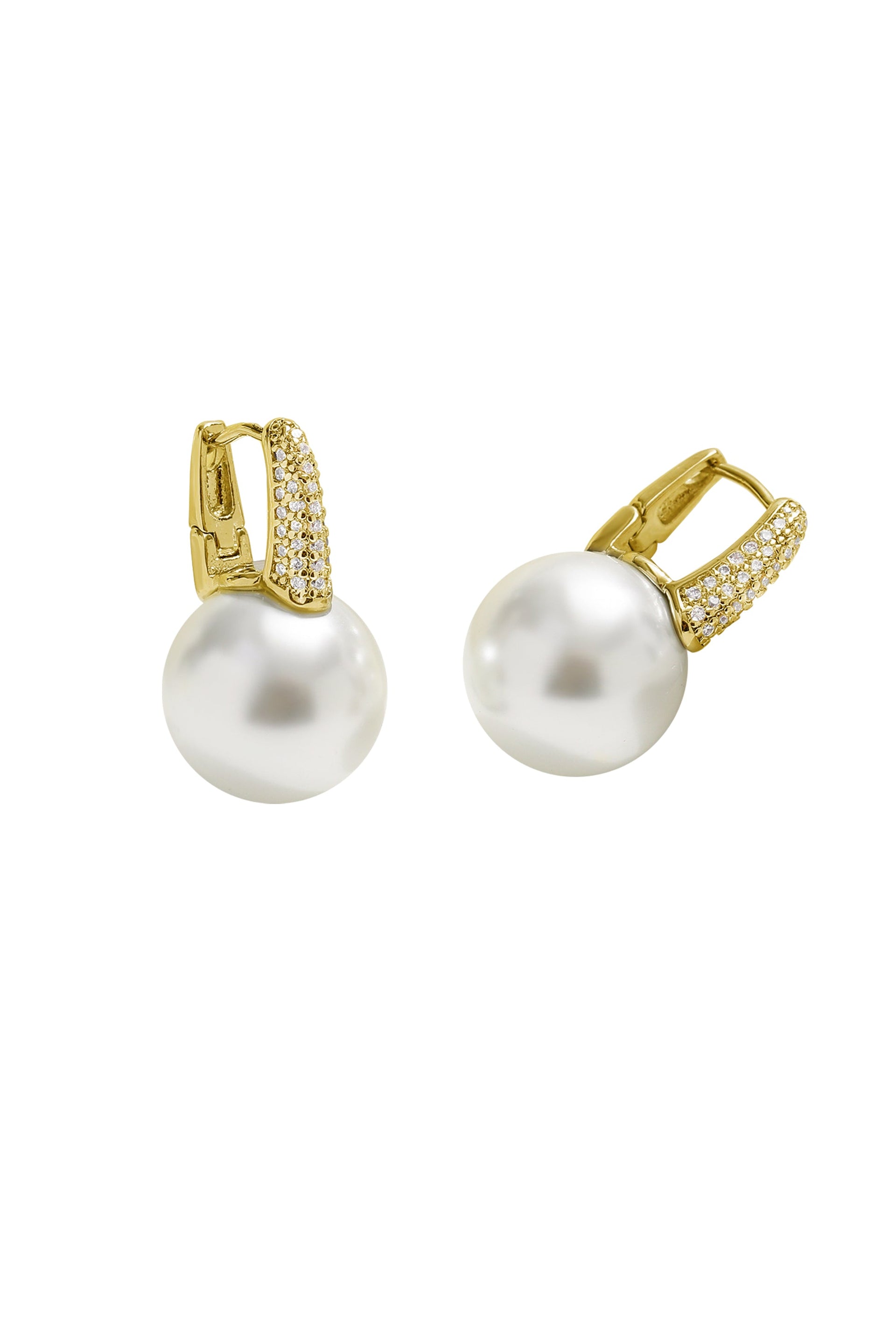 Pavé Diamonds Embellished Pearl Hoop Earrings-Gold