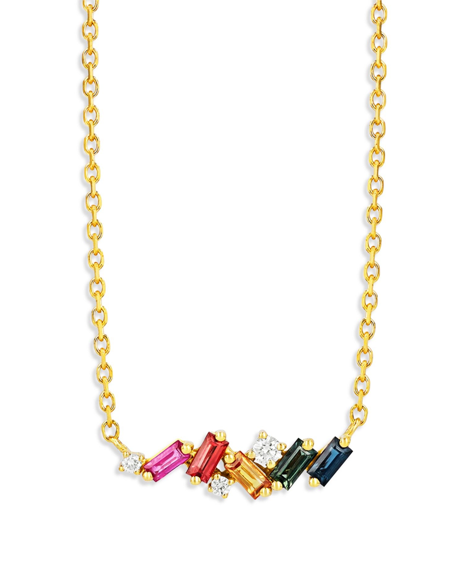 18K Yellow Gold Rainbow Sapphire & Diamond Mixed Mini Bar Necklace, 18'L