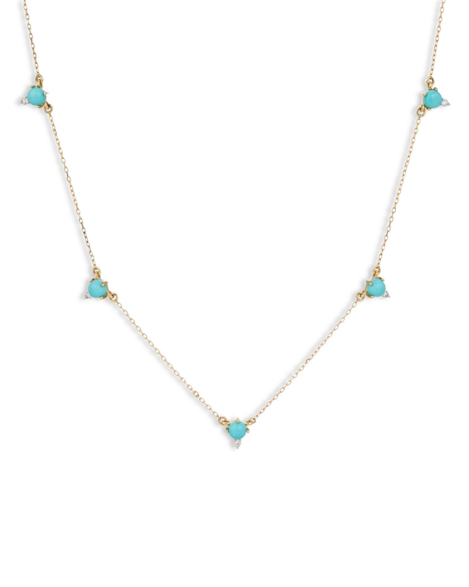 14K Yellow Gold Turquoise & Diamond Station Necklace, 16'