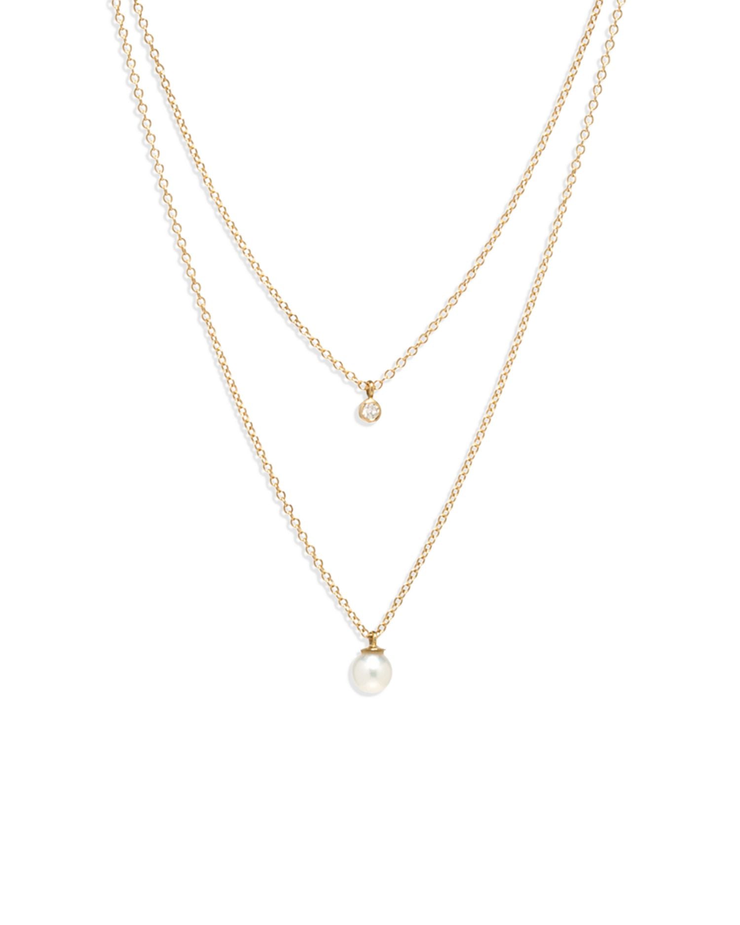 14K Yellow Gold Pearls Cultured Freshwater Pearl & Diamond Layered Pendant Necklace, 16-18'