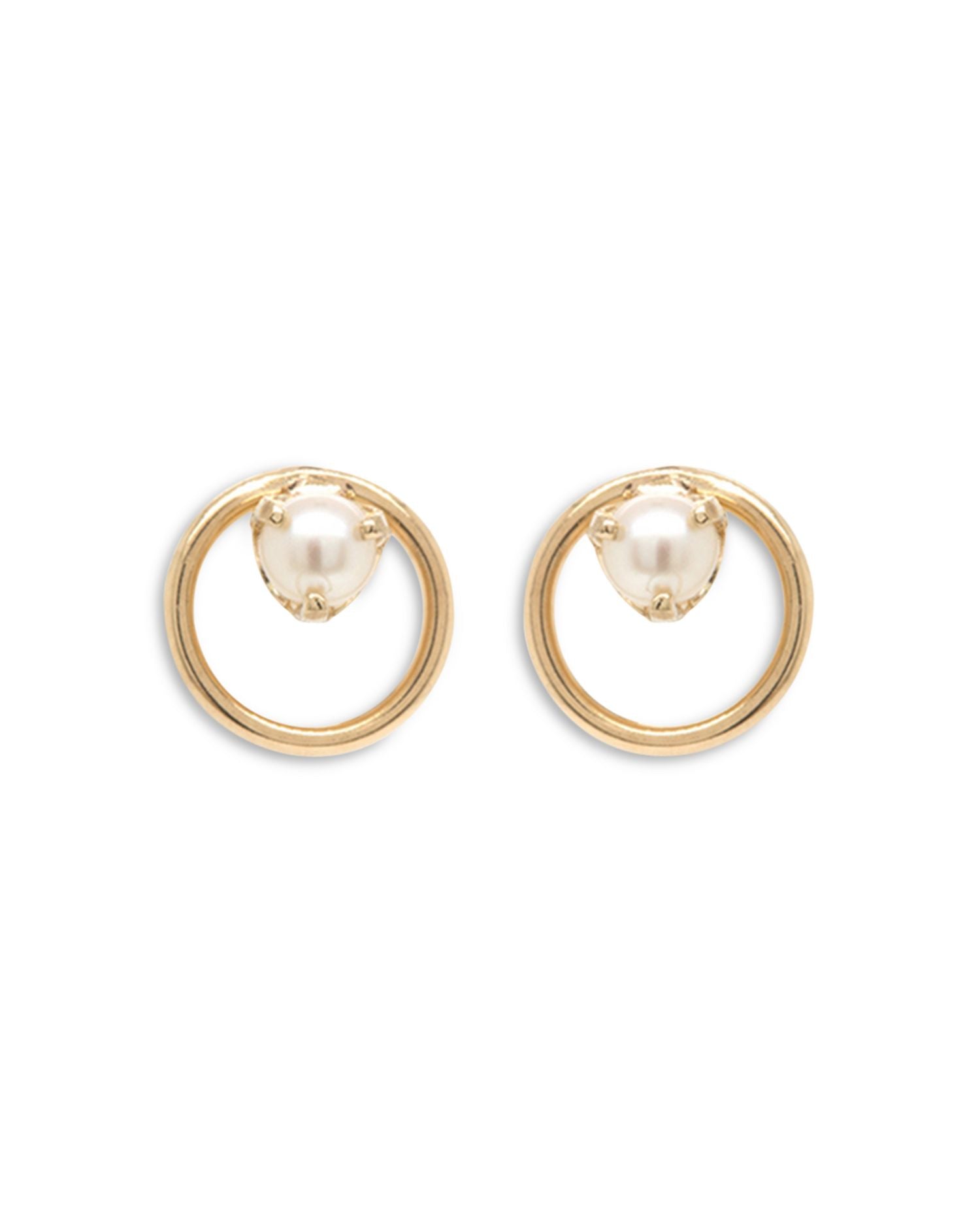 14K Yellow Gold White Pearls Cultured Freshwater Pearl Circle Stud Earrings