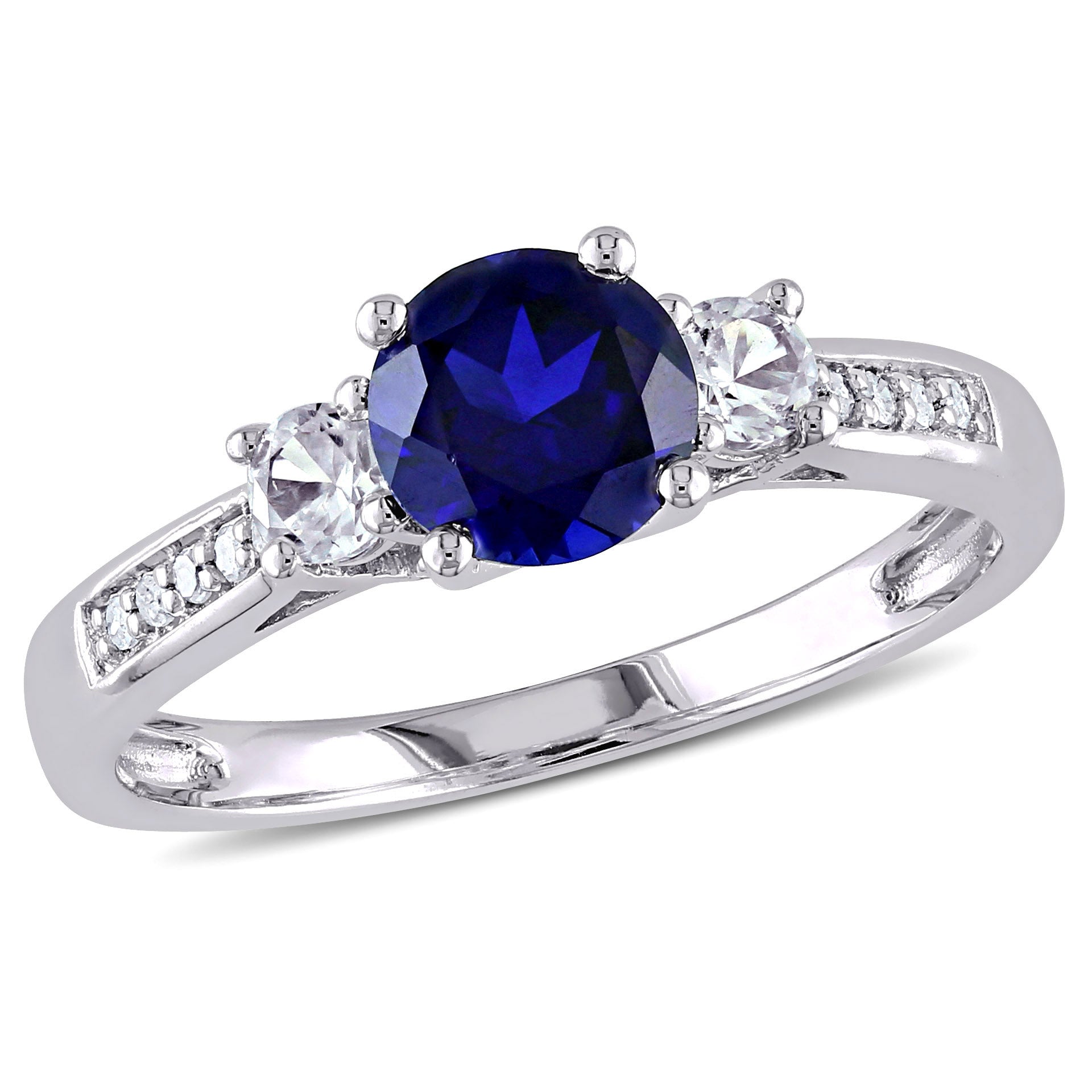 1 1/3ct TW Created Blue and White Sapphire Diamond Accent 3-Stone Engagement Ring in 10k White Gold