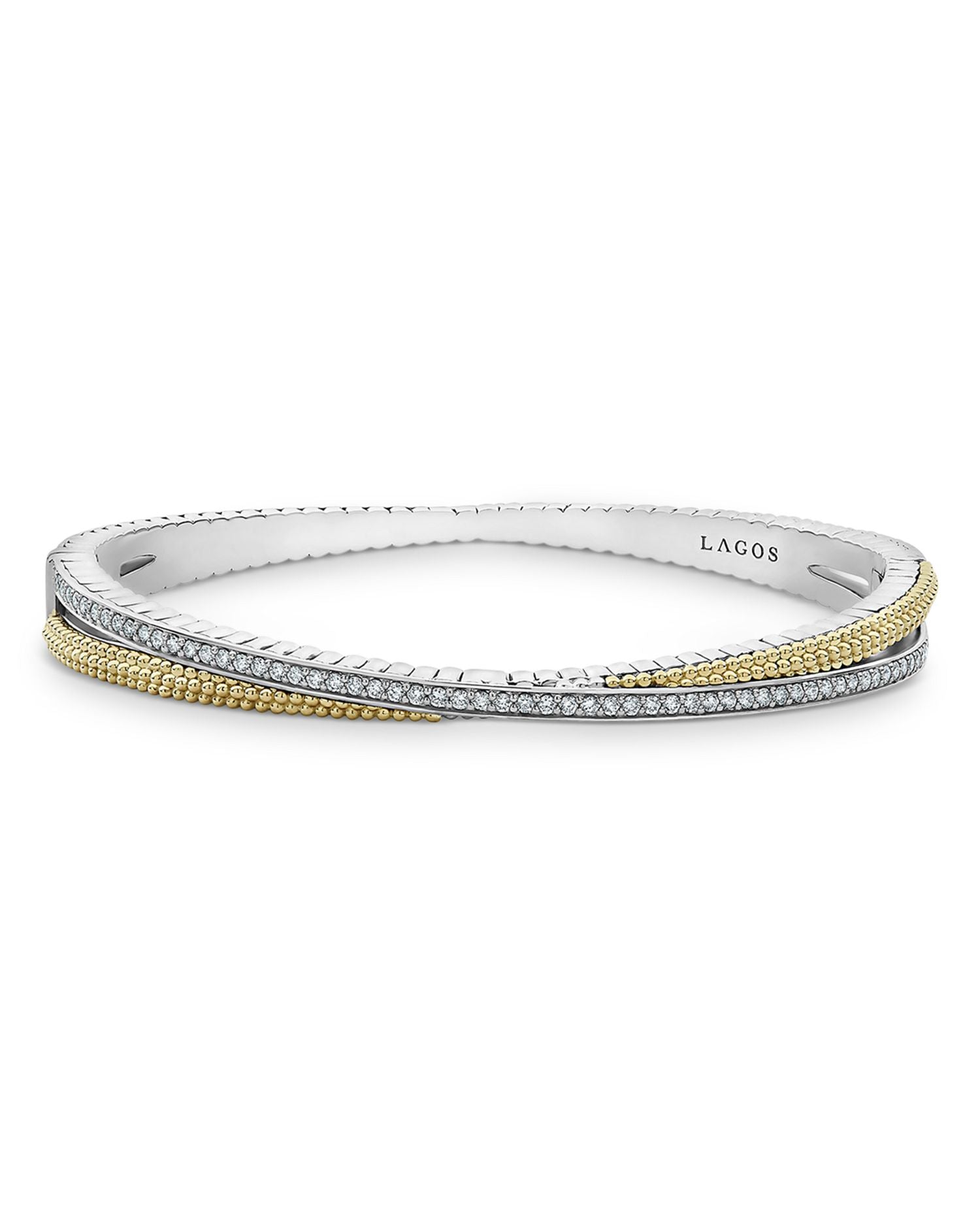 Sterling Silver 18K Yellow Gold Caviar Lux Diamond Bangle Bracelet