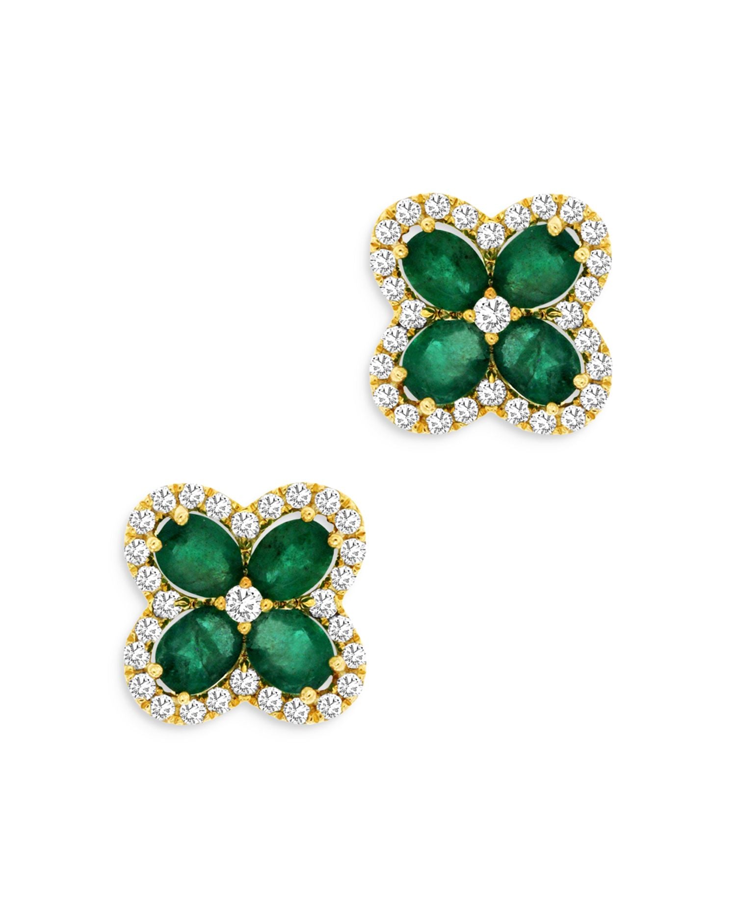 Emerald & Diamond Clover Stud Earrings in 14K Yellow Gold - Exclusive