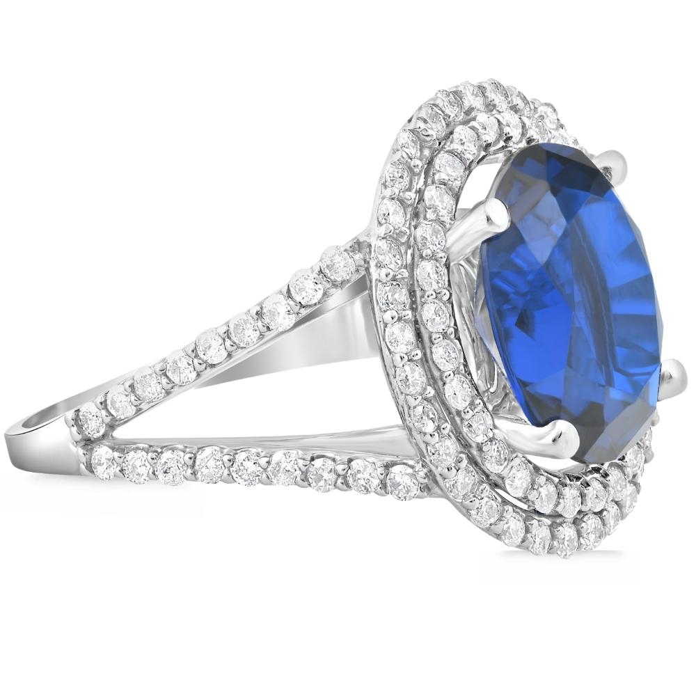 6 1/5 Ct Diamond Oval Blue Sapphire Diamond Double Halo Ring 10K White Gold