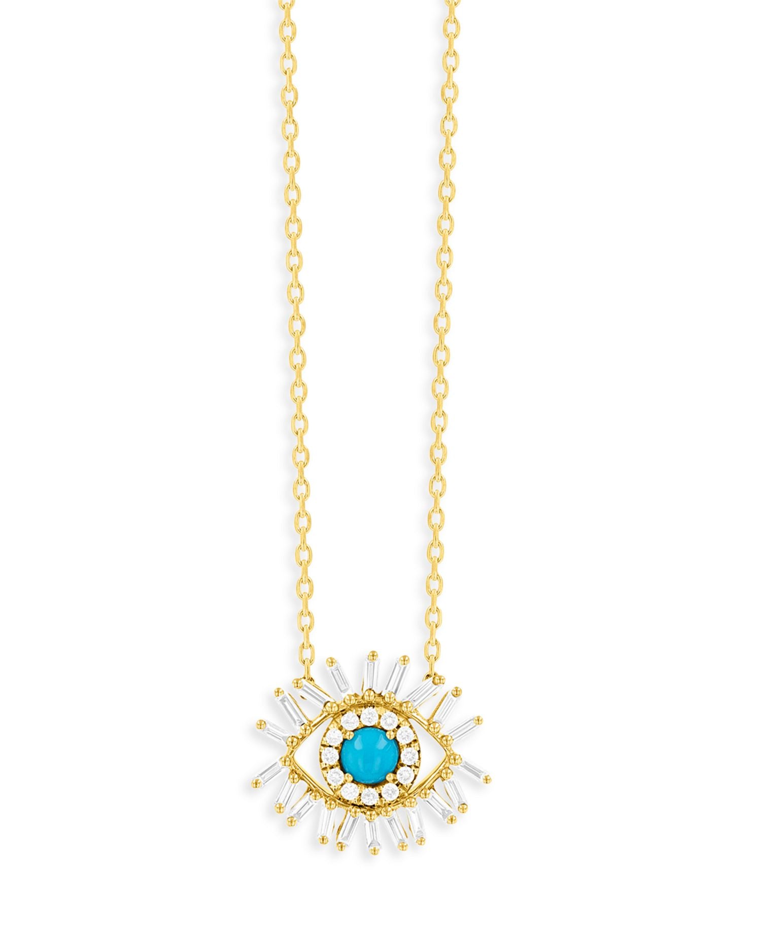 18K Yellow Gold Sleeping Beauty Diamond & Turquoise Eye Pendant Necklace, 18'